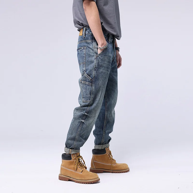 

Mcikkny Men Cargo Vintage Casual Jeans Pants Multi Pockets Washed Loose Denim Trousers Size 29-40