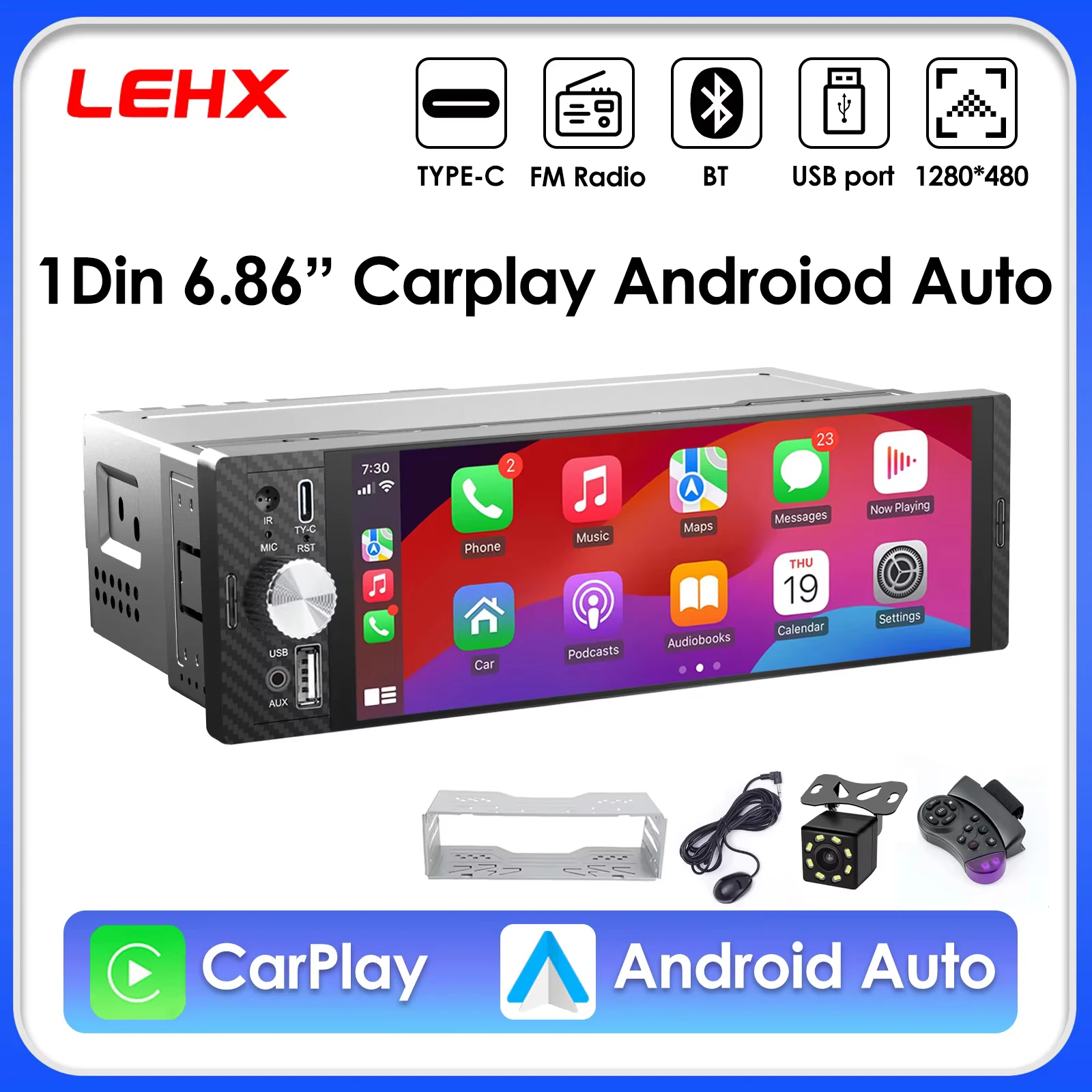 Radio para Auto LEHX Universal de 6.86 Pulgadas 1DIN, Compatible con Carplay Inalámbrico, Android AUTO, AUX, Pantalla Táctil IPS, Reproductor Multimedia de Video 1