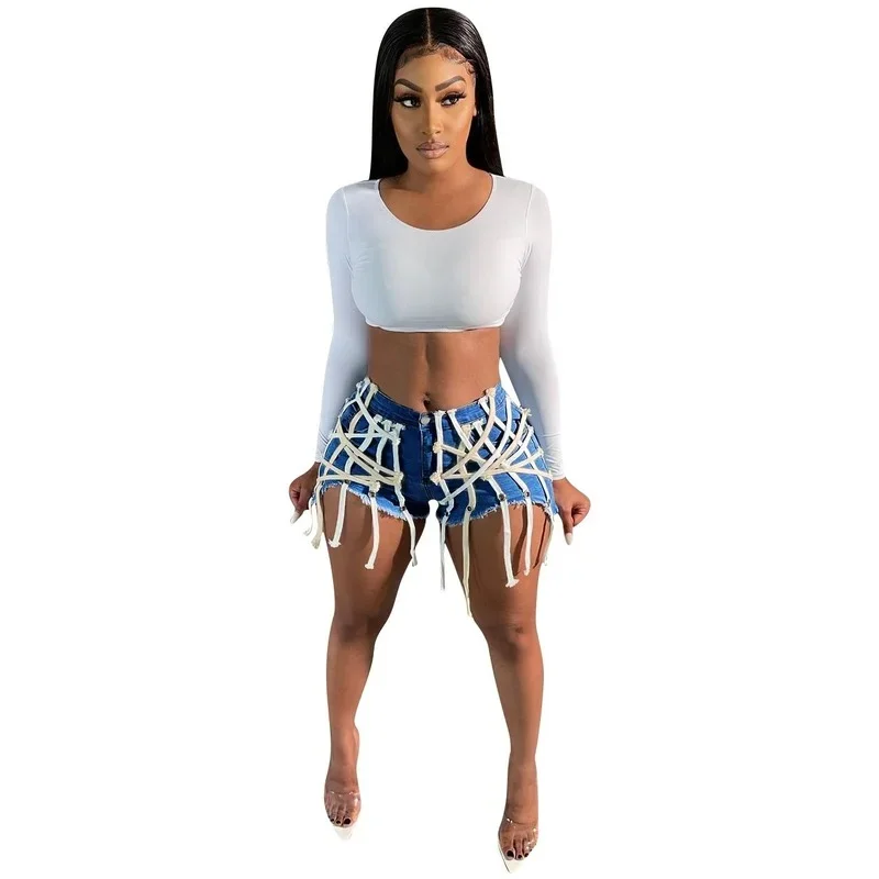 Indie Fashion Denim Shorts Summer Hot Shorts Zipper Hollow Out Bandage String Tassels High Waist Casual Jeans Streetwear 