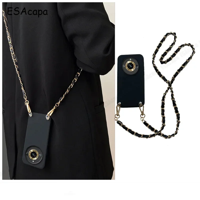 Sleek Metal Leather Chain Crossbody Phone Case with Matte Silicone Finish