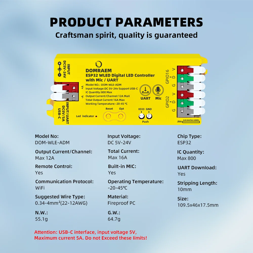DOMRAEM ESP32 WLED USB-C Adressierbarer LED-Controller mit Musik-Mikrofon/UART-Unterstützung für WS2814/12B RGB IC-Streifen etc. 16A Sicherung HA Alexa – Detail 3