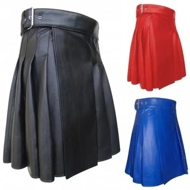 Traditional Scottish men's PU leather skirt Plaid scottish kilt  mens kilt