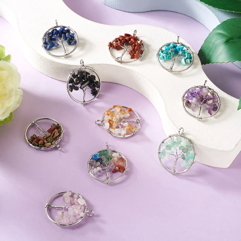 10pcs Natural & Synthetic Gemstone Chakra Crystal Tree Charms Mixed Color Necklace Earring Pendant DIY Jewelry Handcraft Making
