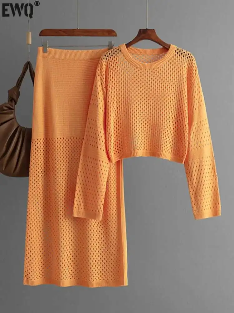 Sweater Amazon Skirt Set EWQ] Mesh Hollow Design Beautiful Casual