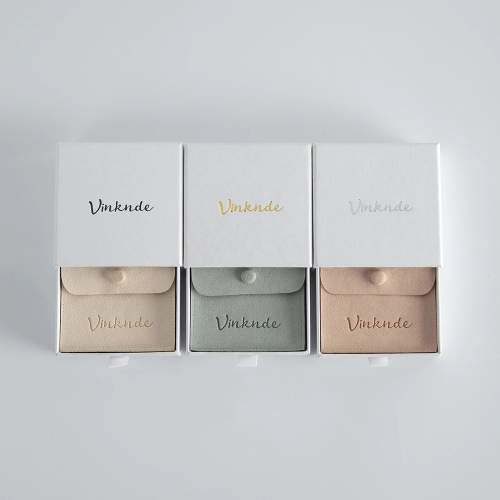 Product Package Box Pouches Custom Logo White Sliding Drawer Jewelry Packaging DIY Boxes Microfiber Suede Button Snap Gift Bags