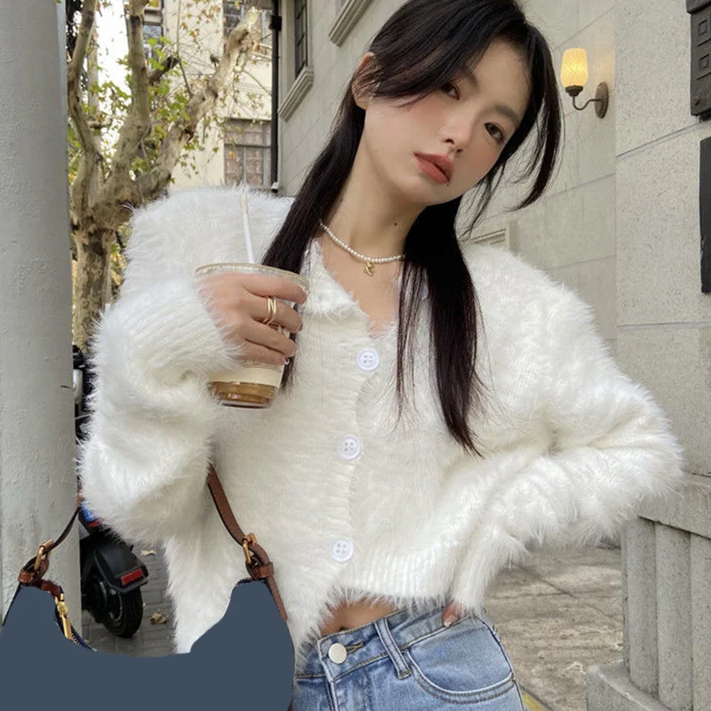 

Rimocy Irregular Mohair Sweater Women Autumn Winter Long Sleeve Short Cardigans Woman Korean Chic Solid Color Y2K Crop Jumpers