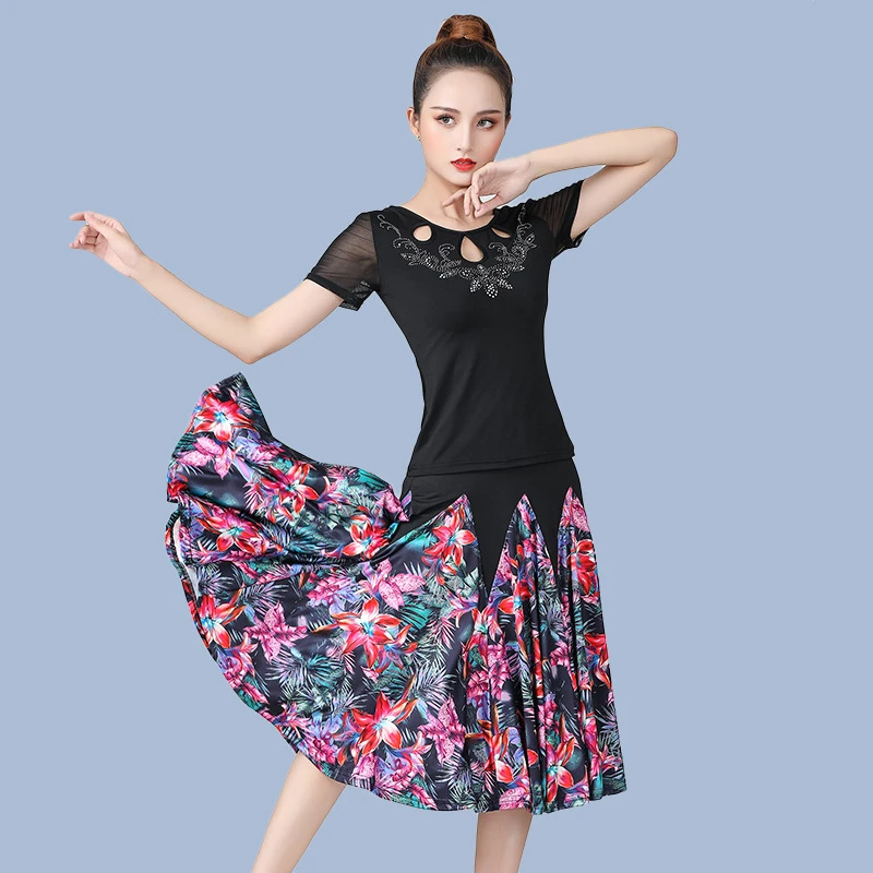 

Womens dance mid-length skirt printing dance skirt large swing skirt ballroom dance practice performance clothing