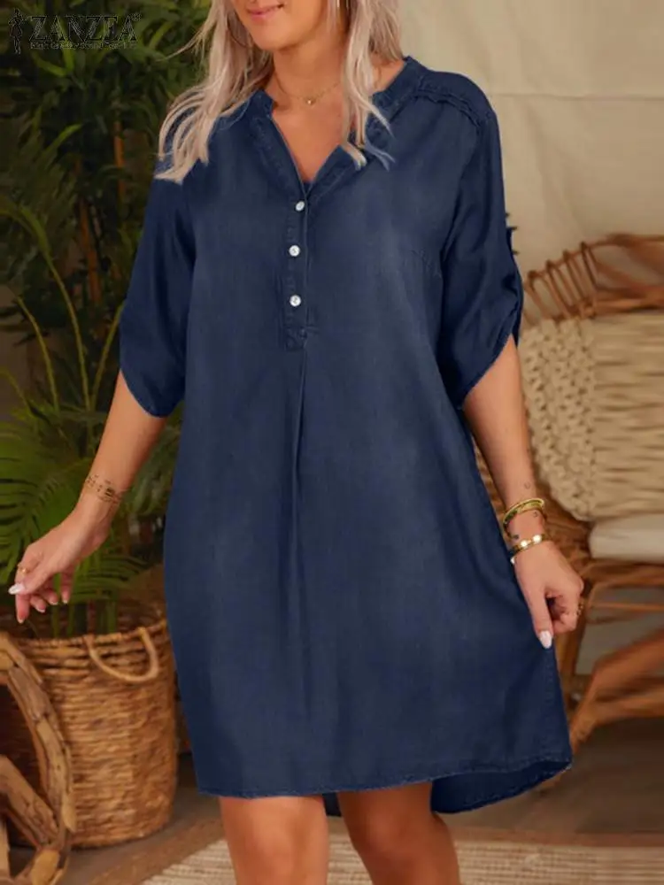 

ZANZEA Women Autumn Denim Dresses Vintage Dark Blue Shirt Dress V Neck Long Sleeve Sundress Robe Femme Causal Jeans Vestidos