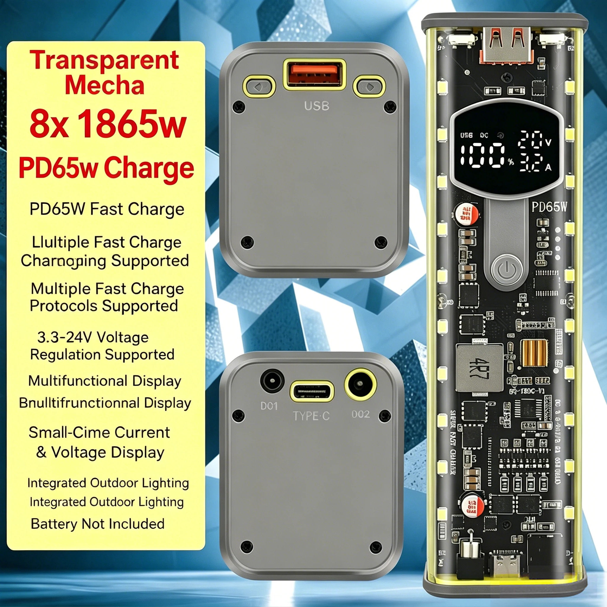 PD 65W 투명 메카 뱅크 8x18650 배터리 DIY 키트 DC 3.3V-24V 전압..
