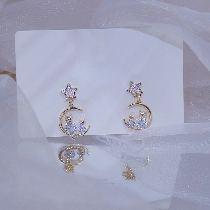 Simpatico Piccolo Gatto Lustro Diamante Orecchini Da Donna Bling Zircone 14K Vero Oro Orecchini A Bottone Anniversario Quotidiano Ciondolo Gioielli St