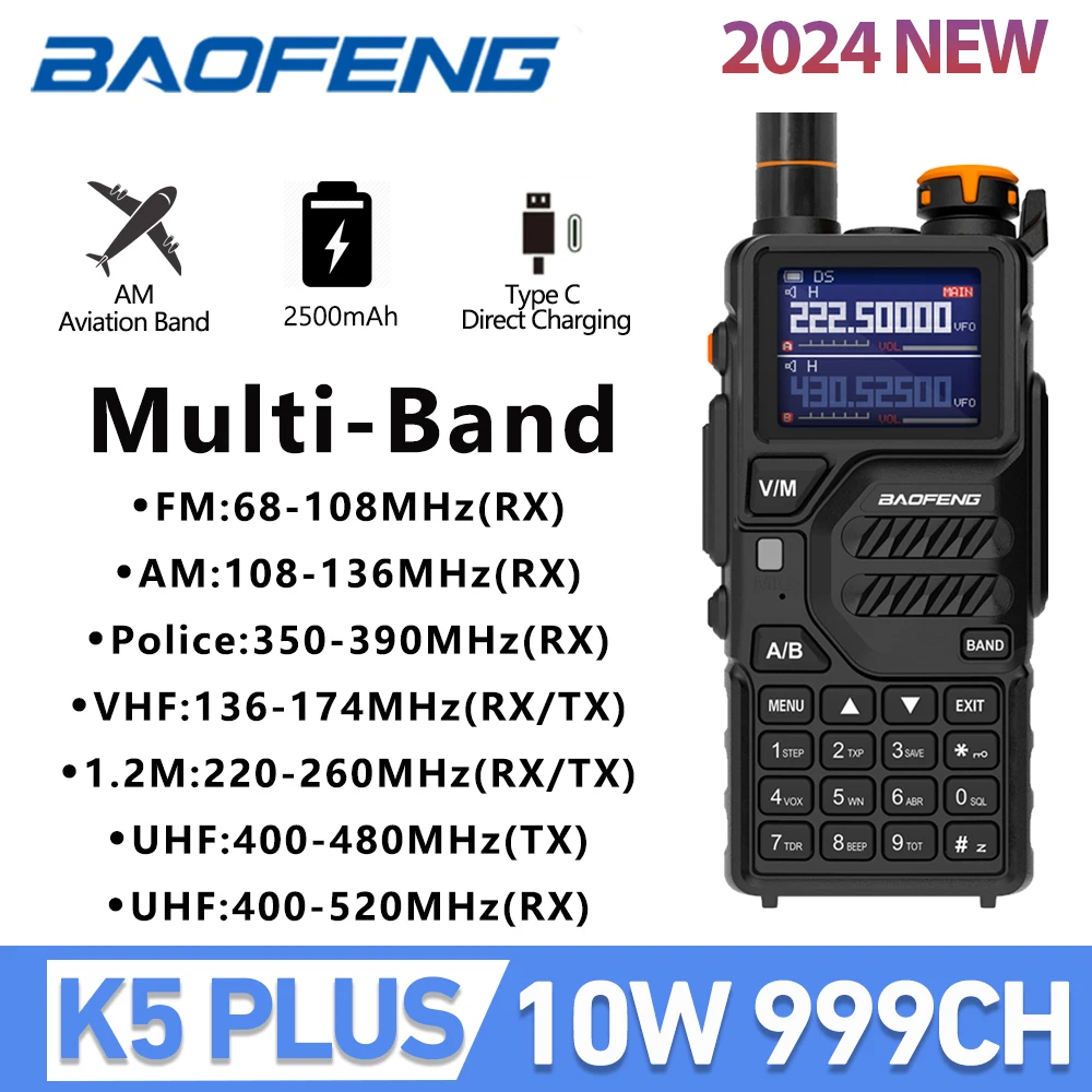 

Baofeng K5PLUS 10W amateur Radio 136-174/220-260/400-520MHz Multi-Bands 999CH 2500mAh Two Way Radio