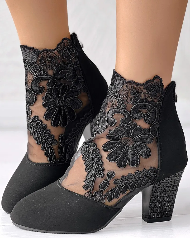 Boots Women's Sandals High Heel Lace Floral Embroidery Patch Chunky Heel Ankle Boot