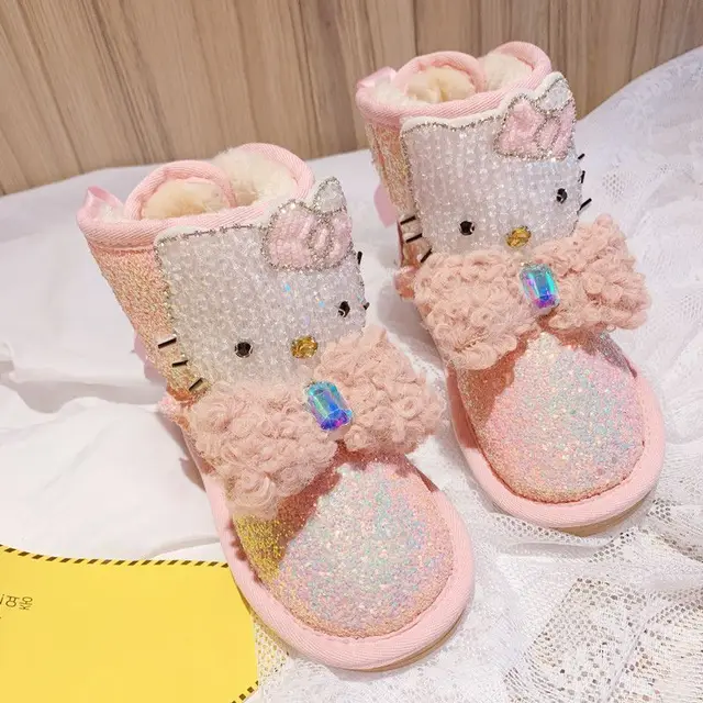 Sanrios Child Short Boots Hello Kittys Winter New Rhinestones Bow Tie Girl Fashion Velvet Keep Warm Soft Bottom Cotton Shoes 2