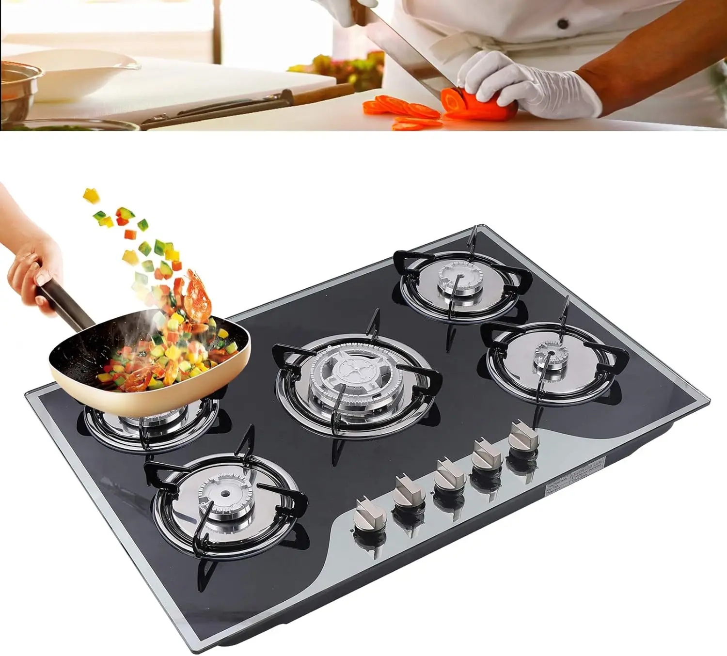 Cooktop 30.3 Inch Built-in Stove Hob Cooktop with 5 Burners Tempered Glass Gas Stovetop with Thermocouple Protection, NG/LPG Con