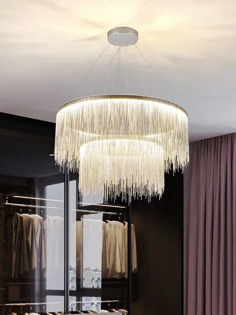Hermosa lámpara colgante Art Deco, cadena de aluminio para salón, dormitorio, restaurante, lámpara colgante de Metal plateado 2