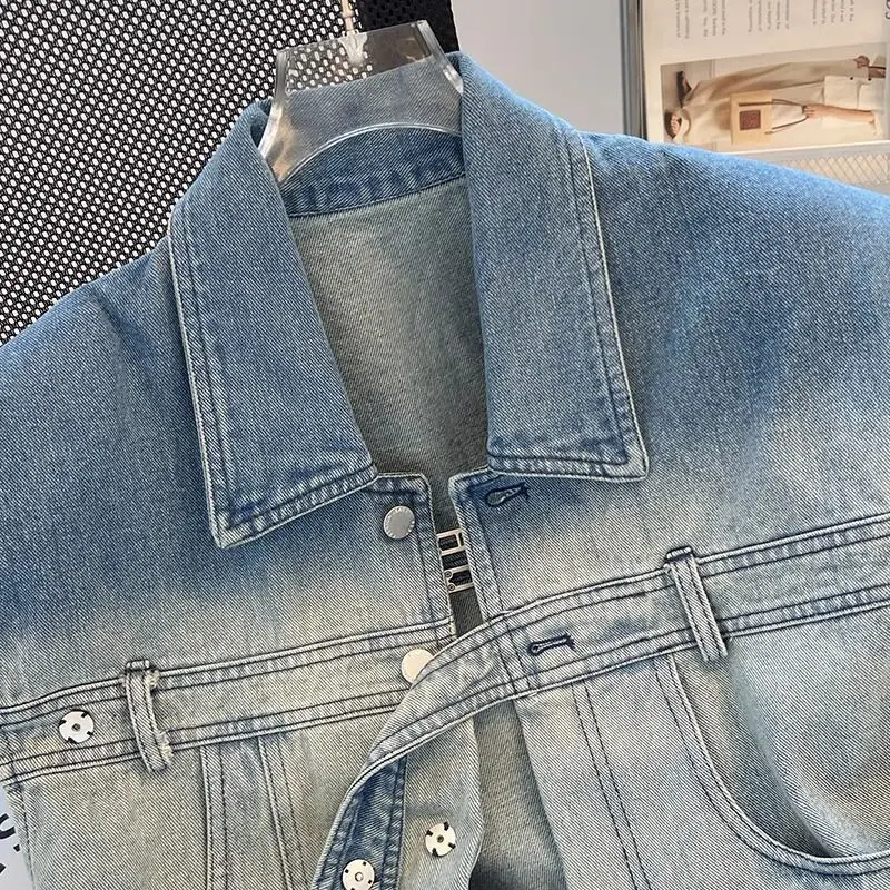 Gradient color loose denim vest women's summer polo collar fashionable short vest design with patchwork jacket