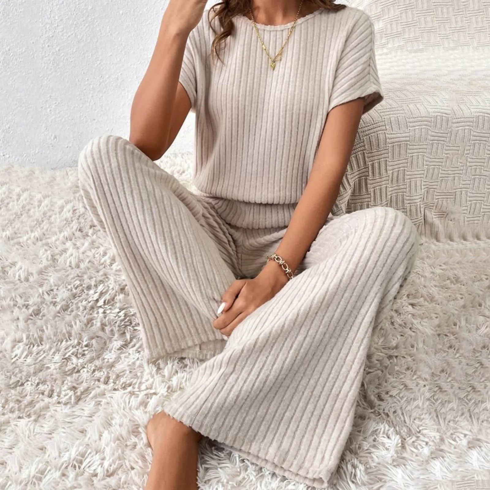 

Women'S Solid Pant Sets 2024 New Casual Fashion Short Sleeves T-Shirt Straight Loose Wide Leg Pant Pit Strips Two-Piece Set