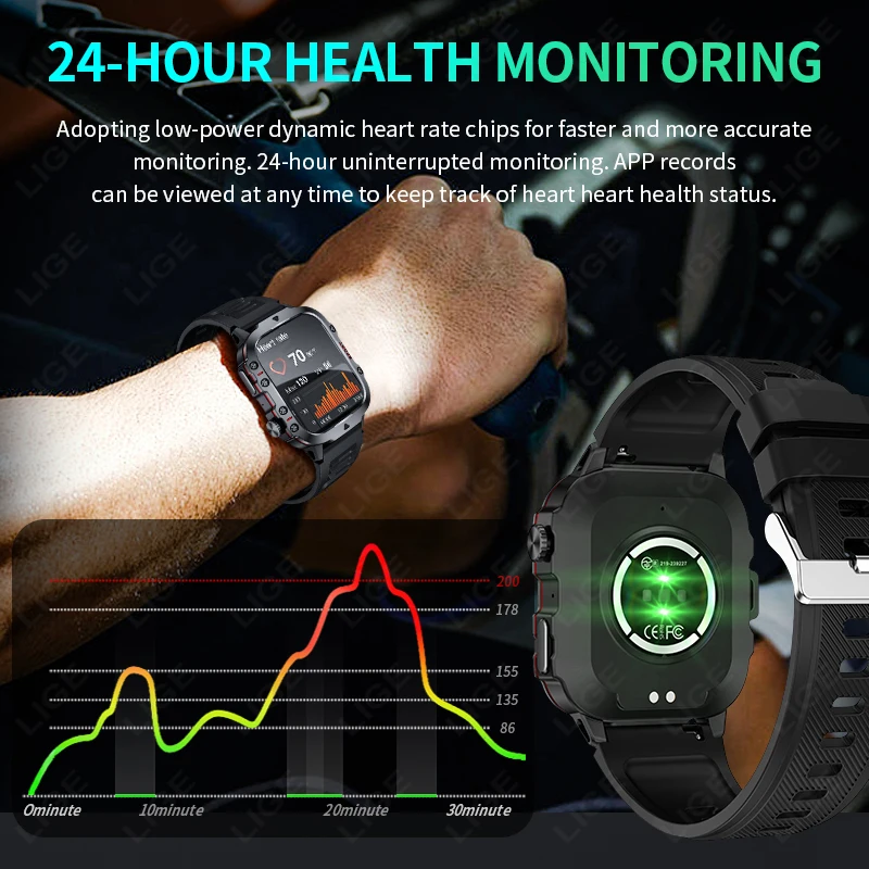 LIGE 2024 Smart Watches Men's Rugged Military Bluetooth Call IP68 Waterproof Sport Heart Rate Outdoor Smartwatch for Android IOS
