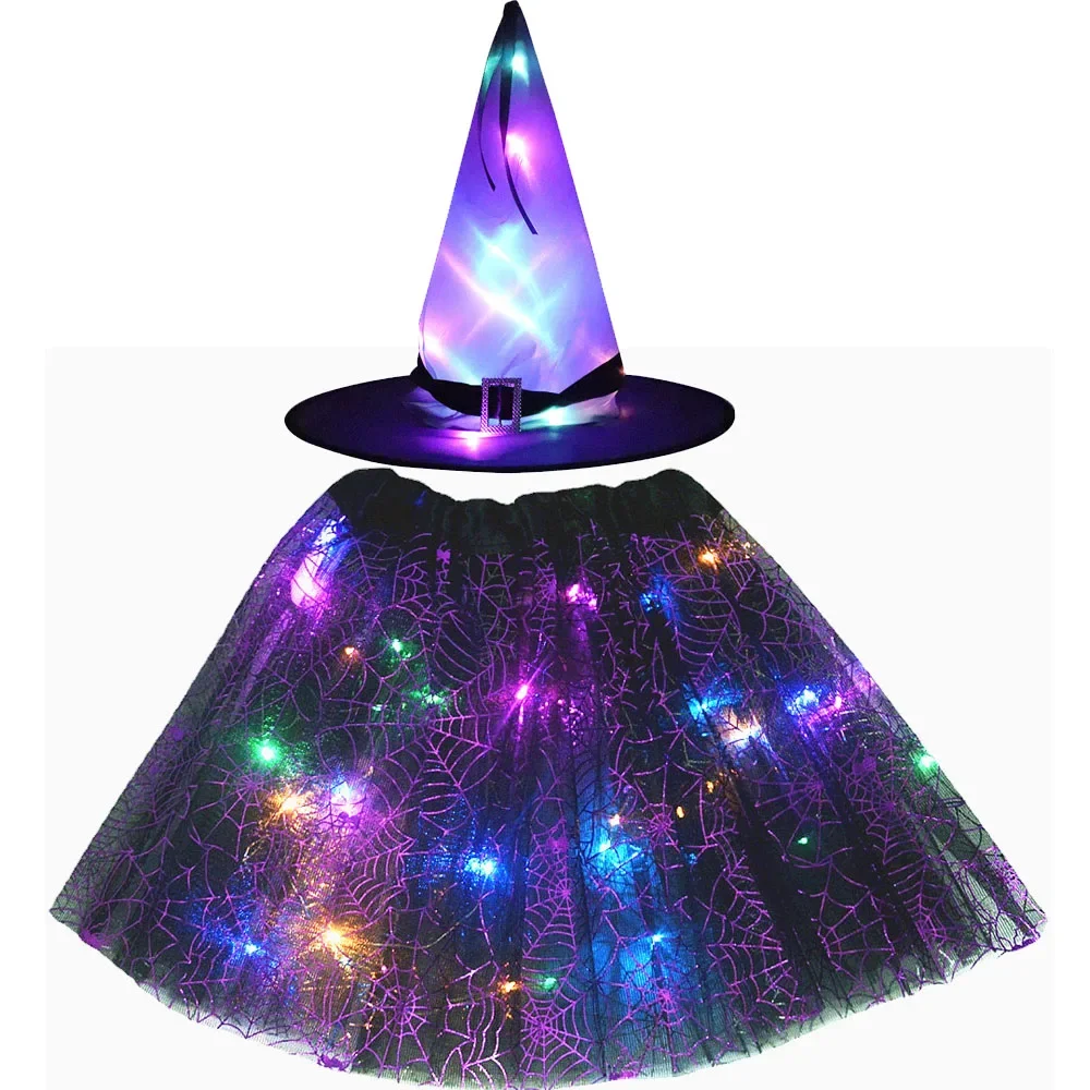 thumbnail image 1 of Luces LED luminosas para mujer, niña y niño, sombrero de elfo, bruja, falda con estrellas, telaraña, disfraz de mago, regalo para fiesta, festival de Halloween, 1 of 5