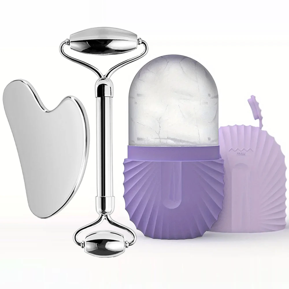 Enhanced Facial Skincare Ice Roller and Gua Sha Set with Stainless Steel Massage Tools