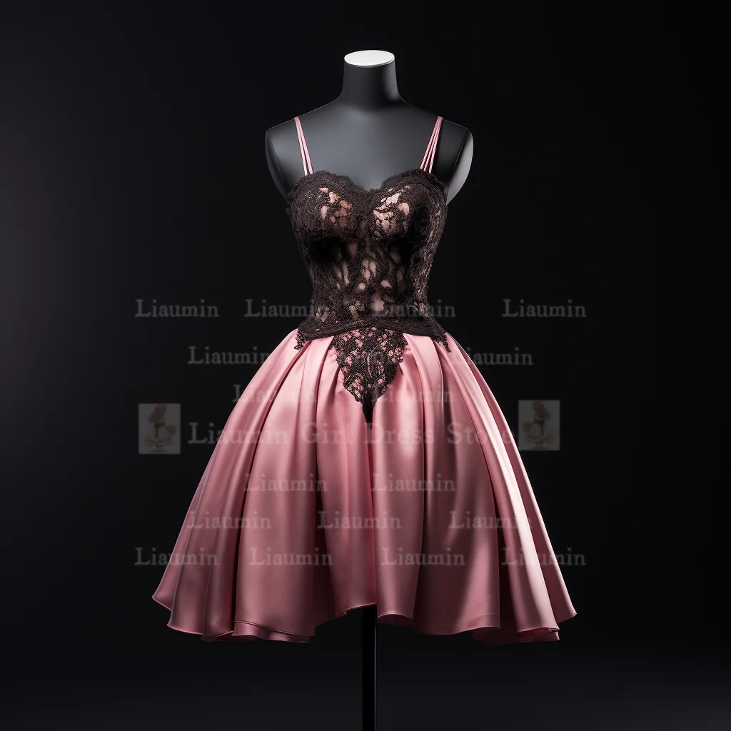 Pink Satin and Black Lace Edge Applique Strapless Short Length Lace Up Back Evening Dress Brithday Homecoming Clothing W1-21