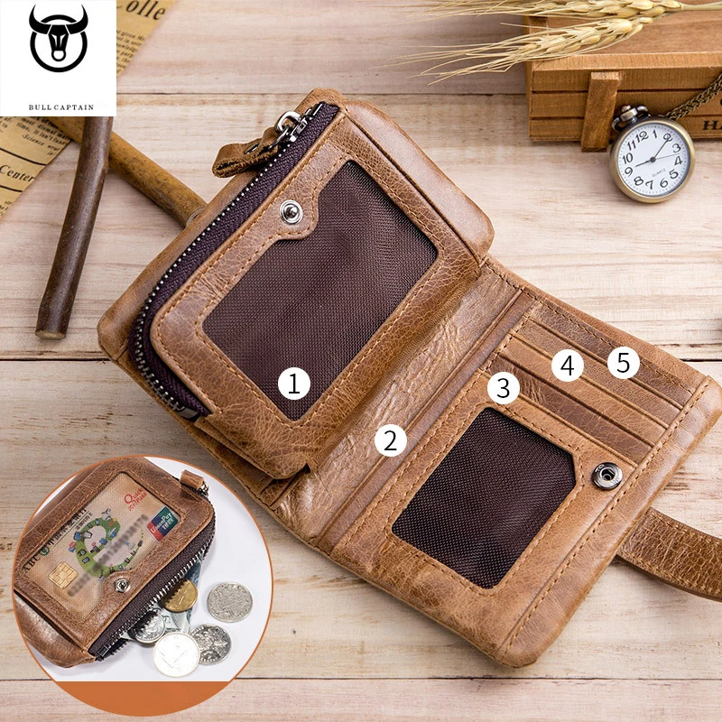 Bullcaptain Genuine Leather Men Short Wallets Casual Money Bags For Male Credit Card Holder Hasp Zipper Coin Purse Clutch JYE017 6