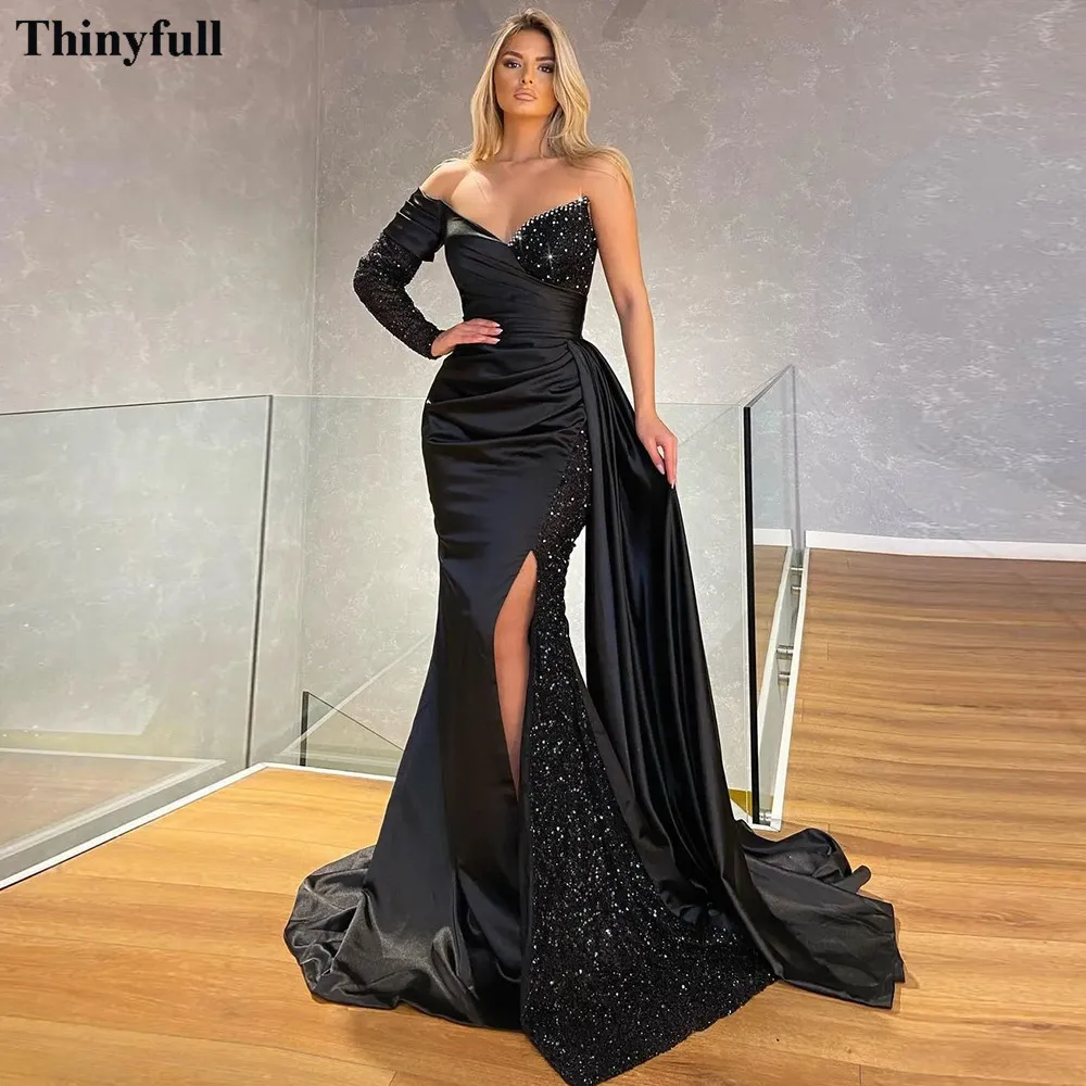 

Thinyfull Black Long Sleeves Mermaid Prom Dresses Formal Gowns Sequins Satin Side Slit Floor Length Women Evening Dress Dubai