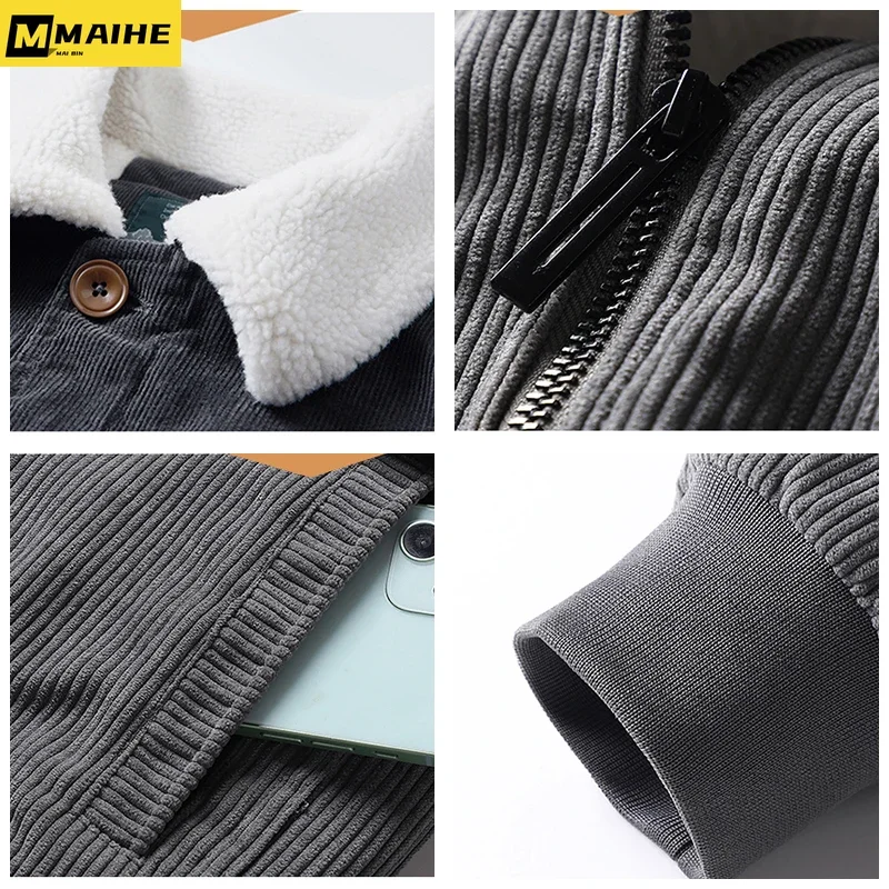 Men 2023 Winter New Fleece Warm Thick Jackets Men Fashion Fur Collar Corduroy Coat Men Autumn Outwear army green Casual Jacket M