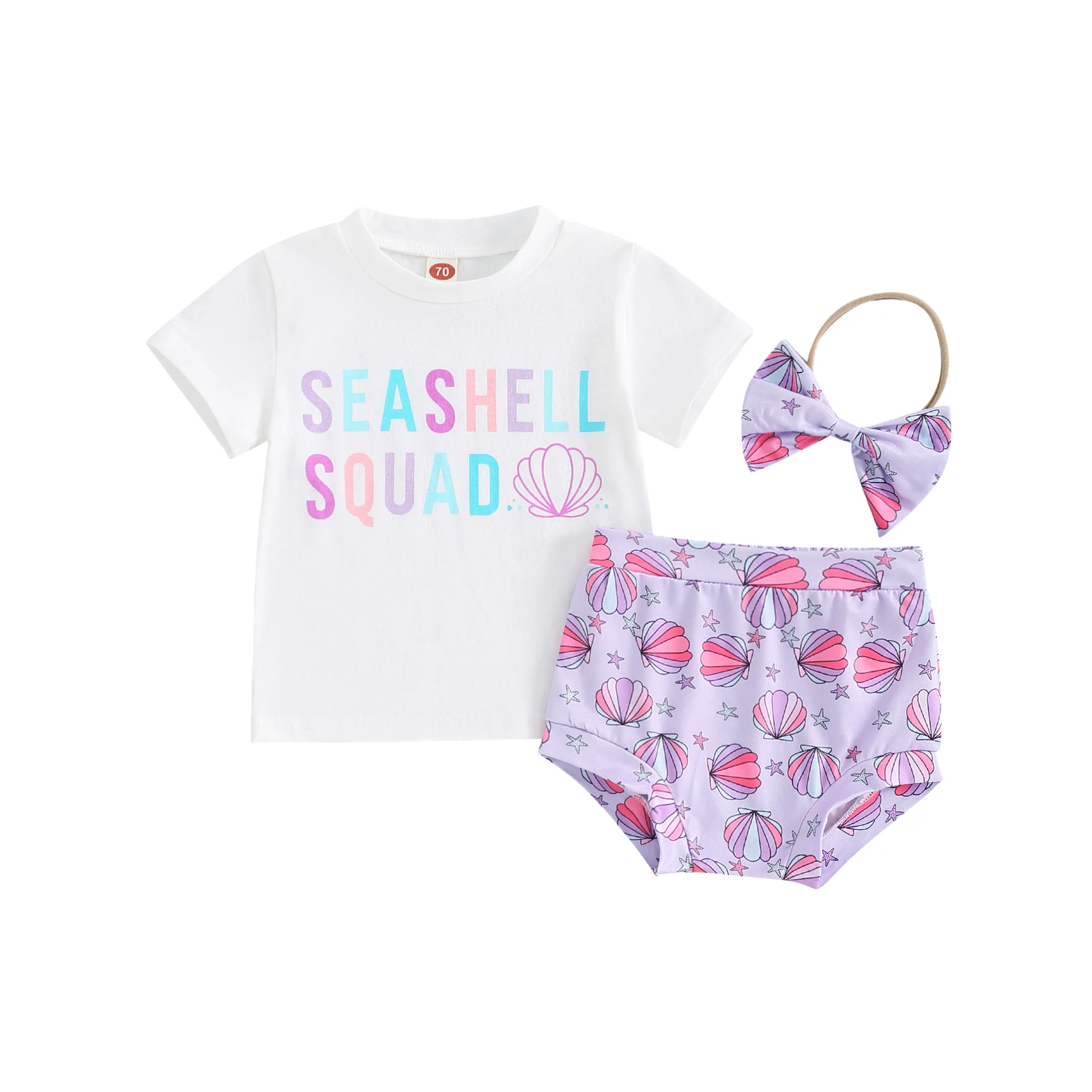 Baby Girls Shorts Outfits Letter Print Short Sleeve T-Shirt with Shell Pattern Shorts and Bow Heaband 3 Pcs Set