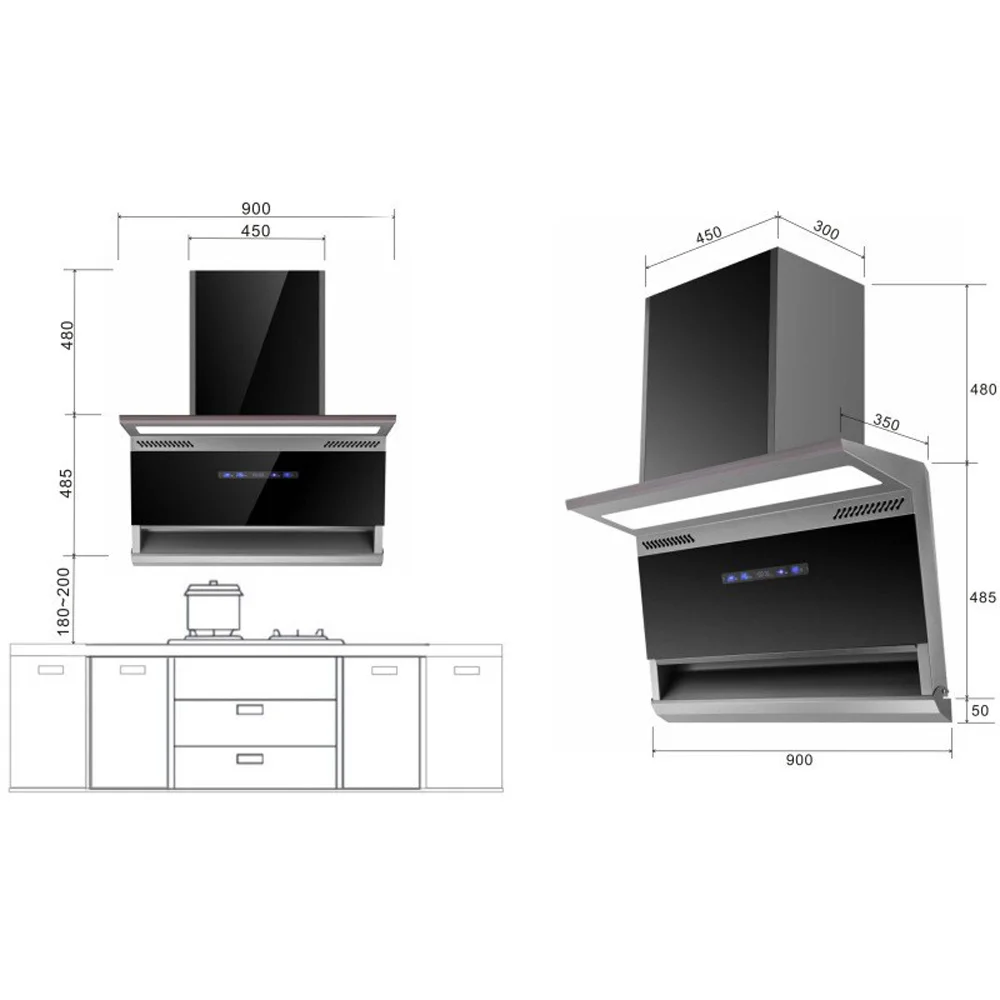 Household Large Suction Kitchen Extractor Hood Automatic Cleaning Range Hood Exhaust Campana Extractora