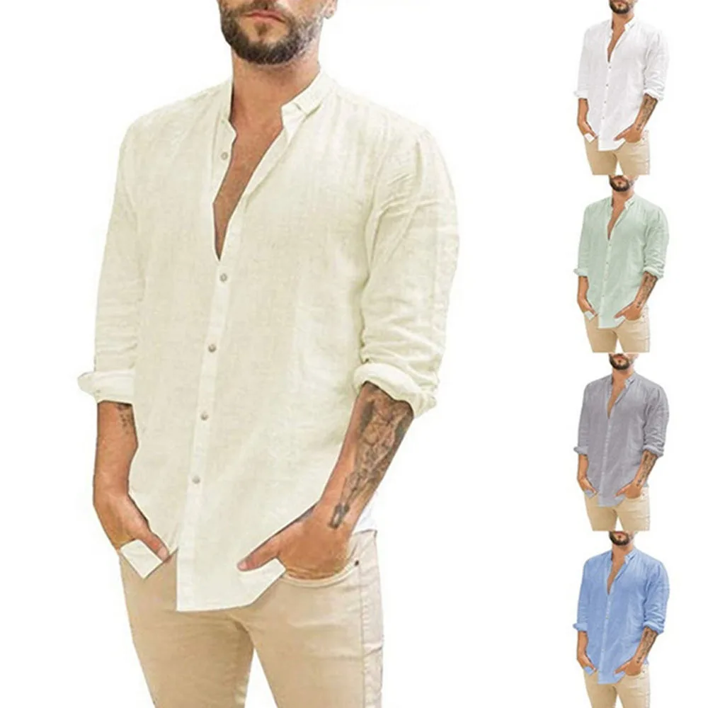 Men Flax Button Loose Blouse Tops Spring Summer