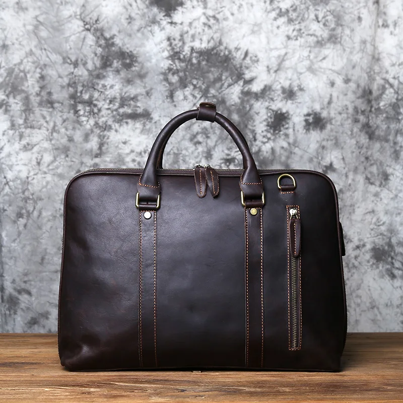 NZPJ Vintage Handmade Leather Men's Handbag Top Layer Cowhide Large-capacity Business Computer Bag Men's Shoulder Diagonal Bag