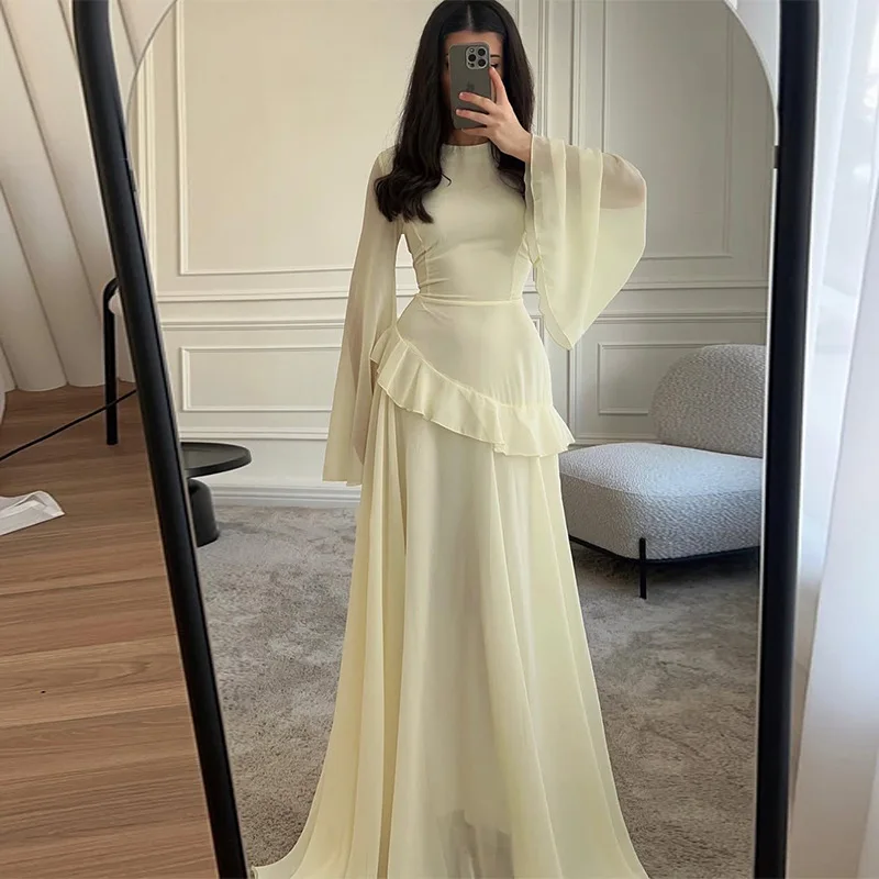 فستان ماكسي أنيق بأكمام مضيئة وأزرق مكشكش للنساء ف...