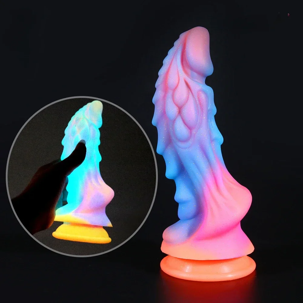 

New Luminous Dildos Colourful Glowing Huge Penis Anal Butt Plug G-spot Toys Shaped Dragon Monster Dildo with Suction Cup Women