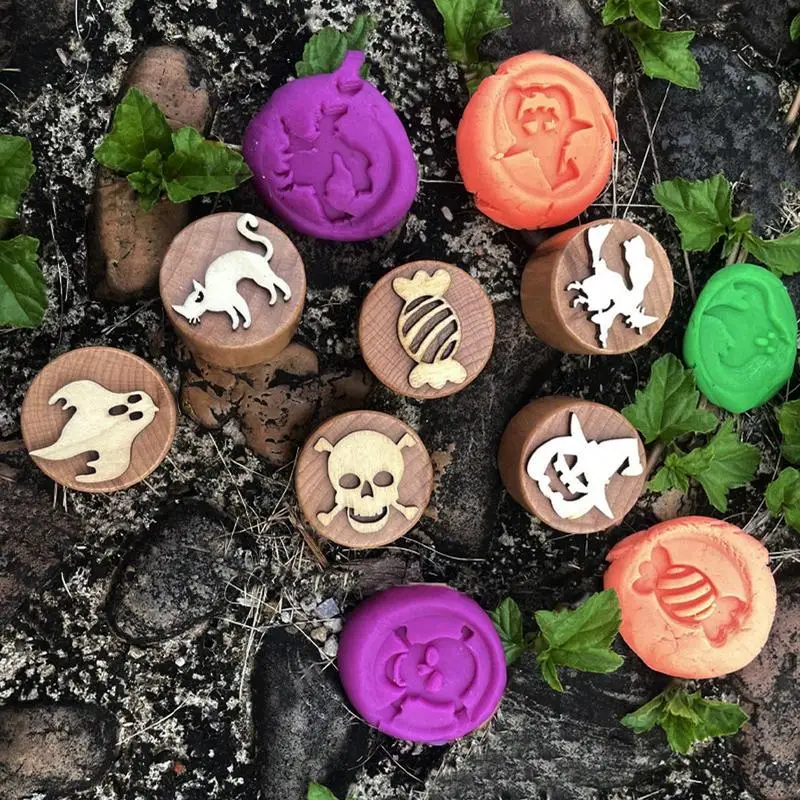 Halloween Clay Stamp Kit 9pcs Wooden Clay Stampers Children's Handmade Stamp Set Toys Plasticine For Painting