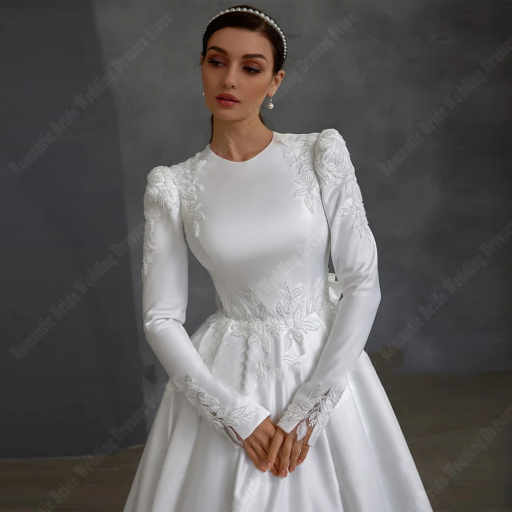 Elegant Satin A-Line Women Wedding Dresses Vintage Long Sleeves Bride Gowns Smooth Satin Beach Ball Vestido De Novias Customized 2