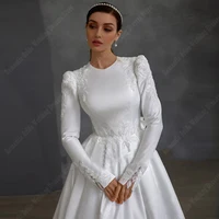 Elegant Satin A-Line Women Wedding Dresses Vintage Long Sleeves Bride Gowns Smooth Satin Beach Ball Vestido De Novias Customized 2