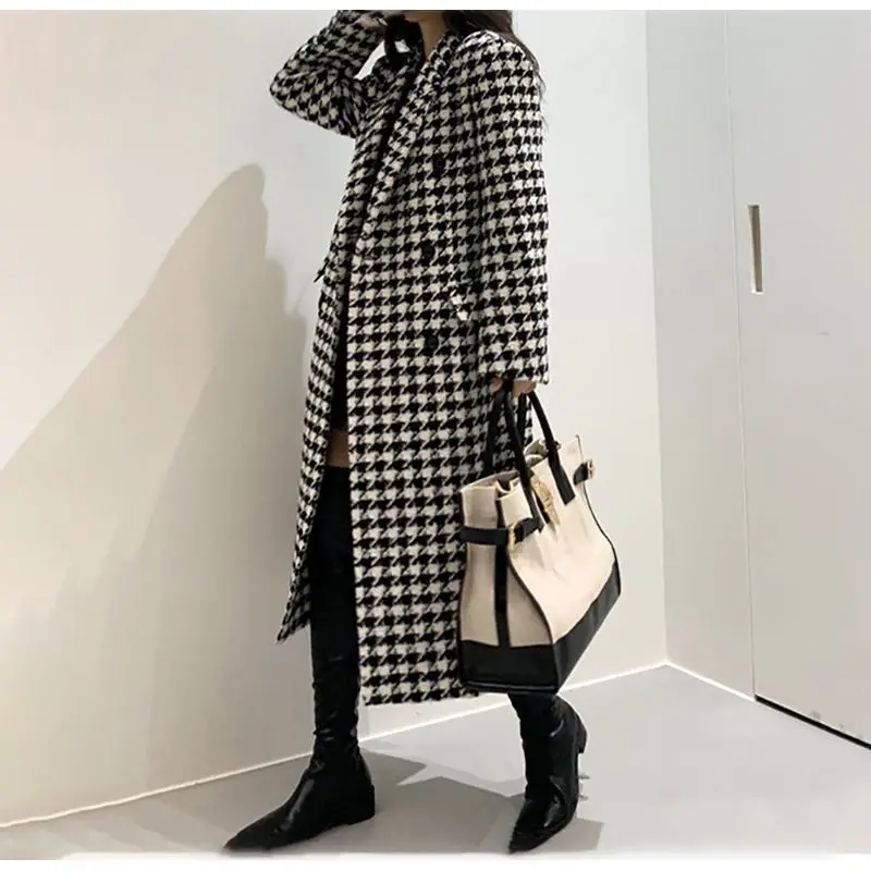 

Swallow Gird Plaid Coat for Women Autumn Winter Woolen Overcoat Korean Fashion Long Coat Checks And Plaids Jacket Vintage Tops