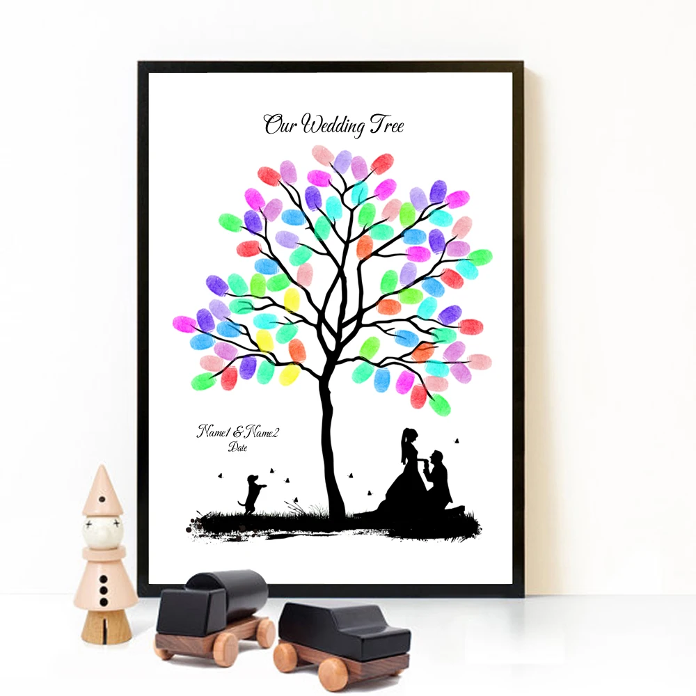 Theme Name Date Groom Propose Bride Under Tree Fingerprint DIY Wedding Tree Painting Wedding Souvenir Gift (No Frame)