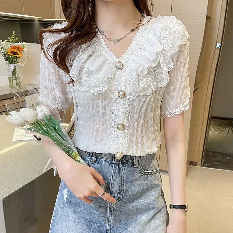 한국어 세련된 프릴 블라우스 여성 셔츠 화이트 쉬폰 레이스 블라우스 스위트 v 넥 프렌치 빈티지 팰리스 스타일 반소매상의