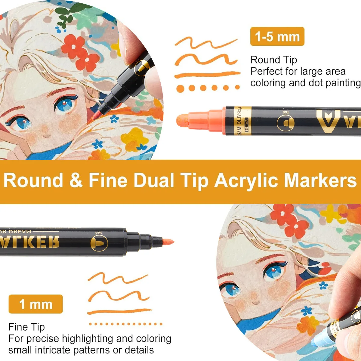 듀얼팁 아크릴 마커 세트, 12-72가지 색상, 라운드 팁 + 파인 팁, 듀얼팁 마커, 듀얼팁 아크릴 마커, 라운드 팁 + 파인 팁, 속건성, 방수, 번짐 없음, 고채도, 풍부한 색상, 부드럽고 지속적인 잉크