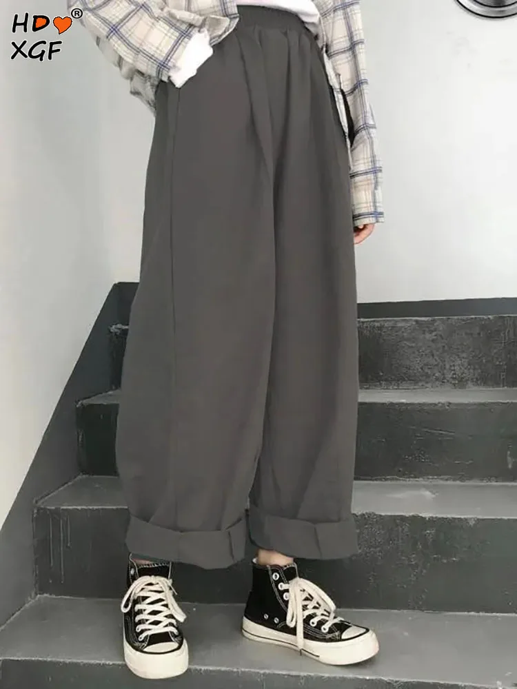 

Korean Fashion Pocket Plus Size Straight Pants For Women Spring Fall Elastic High Waist Wide Leg Trousers Baggy Pants Streetwear