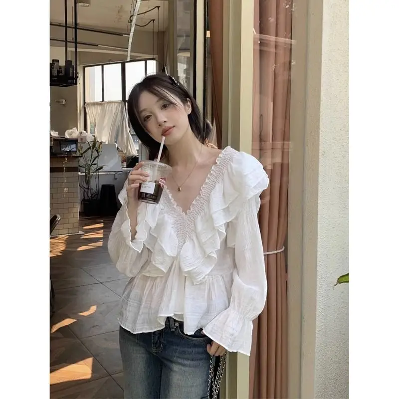 V-neck Women Blouse Autumn New Ruffles Flare Sleeve Solid Color Folds Office Lady Blusas Korean Style Daily Basics Tops Female юбка средней длины luckymarche daily banding flare qwkax23211nyx