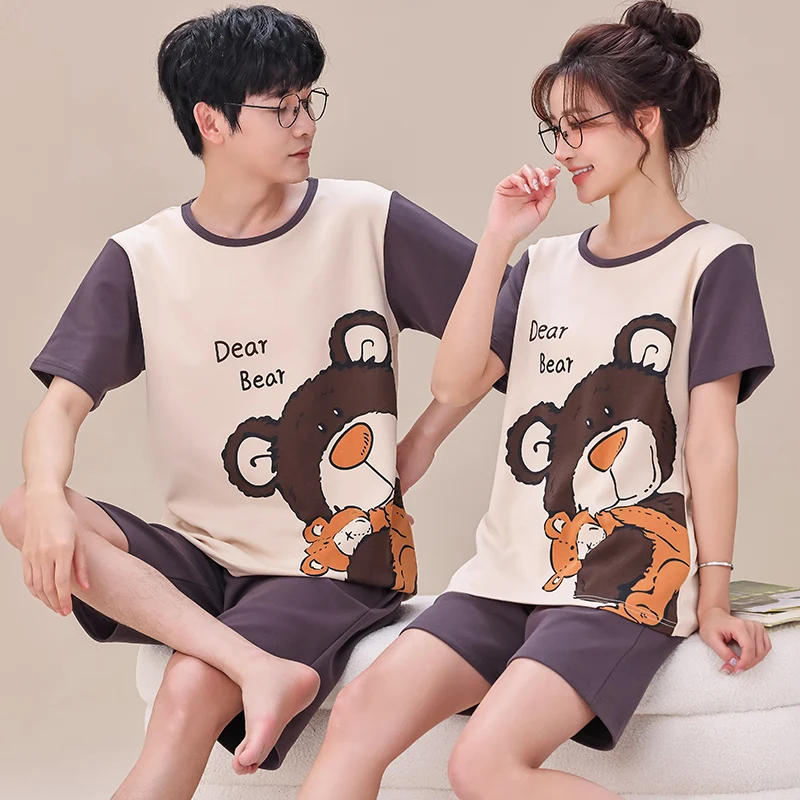 

Summer Cotton Pajama Sets Cute Bear Tops + Short Pants Women Cartoon Pajamas Couples Loungewear Lover Pyjamas Male Sleepwear