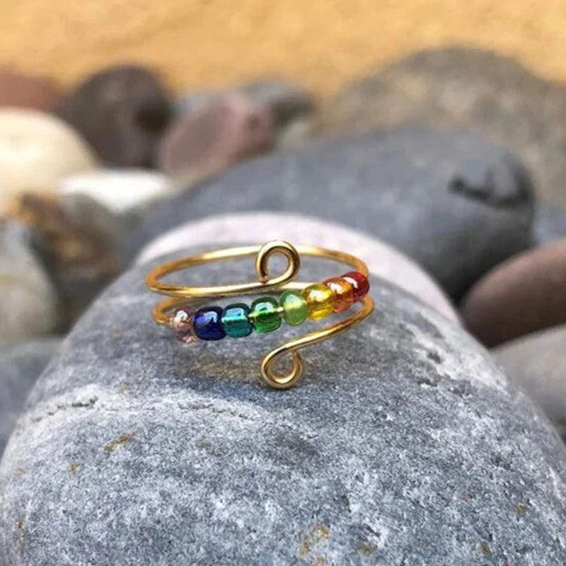 New Rainbow Bead Rotate Anti Stress Anxiety Ring For Women Adjsutable