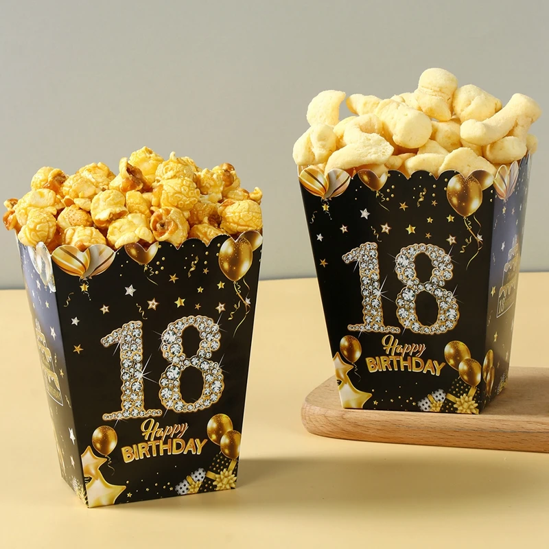 Description Picture 2 of item6pcs Birthday Paper Popcorn Box Black Gold Party Favor Treat Box for 18 21 30 40 50 60 Years Old Aldult Birthday Party Suplies