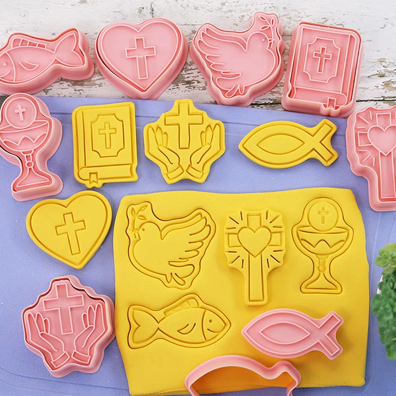 Cookie Cutter 8Pcs Christian Communion Cookie Cutter Plastic 3D Cartoon Cross Love Fish Chalice Pressable Biscuit Stamps Mold Cake Decoration
