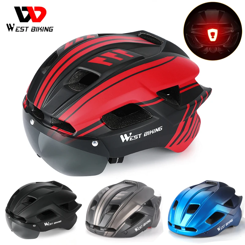 

WEST BIKING With Taillight Goggles Bicycle Helmet Scooter MTB Road Bike Men Women Sunglasses Safety Cap Cycling Equipment
