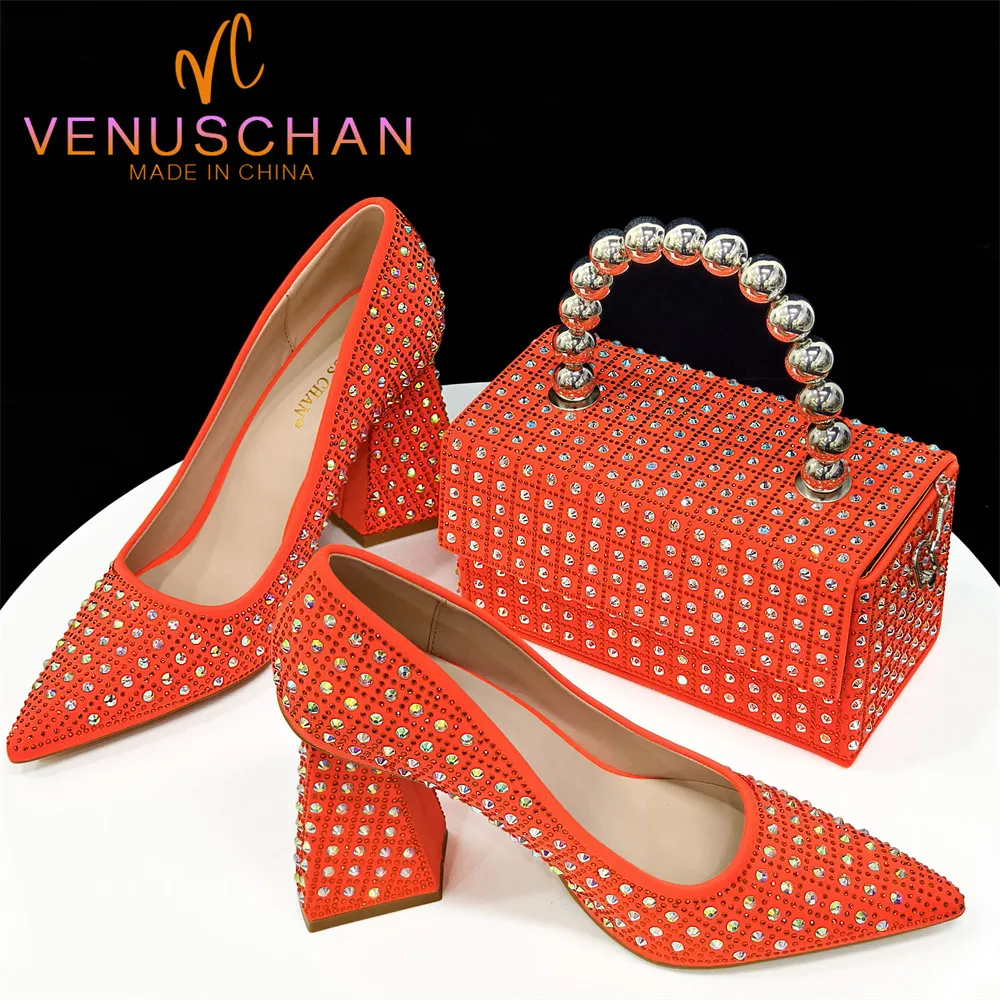 

Venus Chan-Elegant Pointed Toe High Heels for Party African Orange Shiny Rhinestone Italian Shoes and Bags Matching Set New 2024