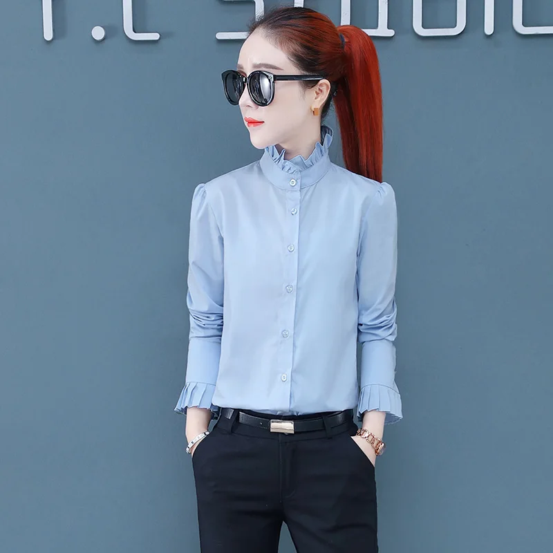 Fashion And Versatile Stand Up Collar With Wooden Ear Edge Long Sleeved Inner Lining Shirt Women'S Spring Autumn New Bottom Top